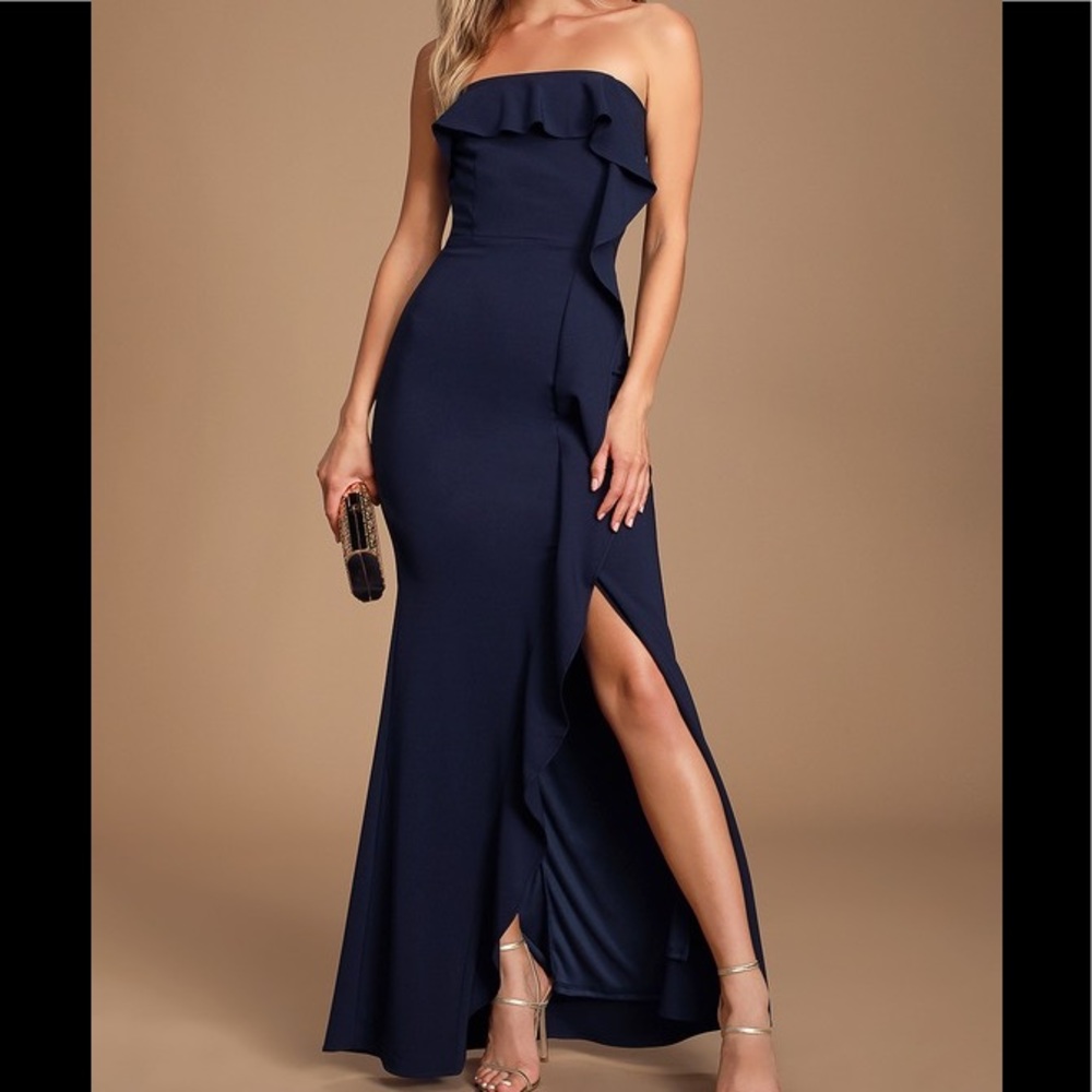 Navy Blue Ruffled Strapless Maxi Dress